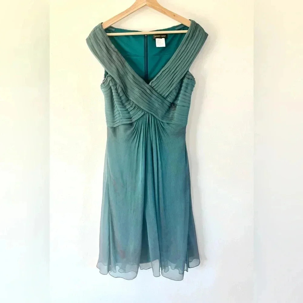 Tadashi Shoji Iridescent Teal ‎ & Pink Cross Front Sleeveless Silk Dress Size 12